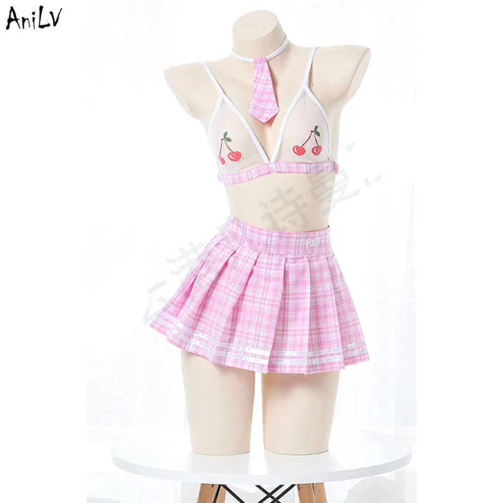 Ani Lovely Girls Cherry Plaid Bikini Swimsuit Costume Anime School Student Swimwear Uniform Temptation Lingerie Cosplay cosplay