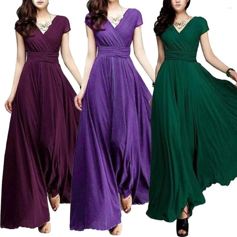 Casual Dresses 2023 For Women Bandage Bohemian Solid Color Short Sleeve V Neck Tight Waist Maxi Evening Dress Summer