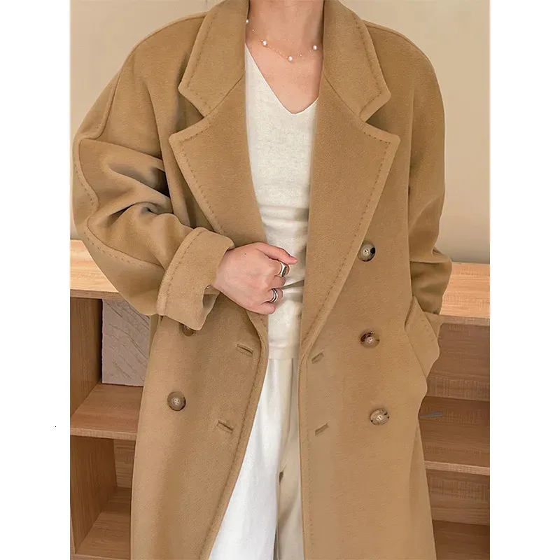 Women's Wool Blends 101801 Classic Camel Cashmere Coat 101801 Autumn and Winter Woolen Mid-Längd Wool Coat 231031