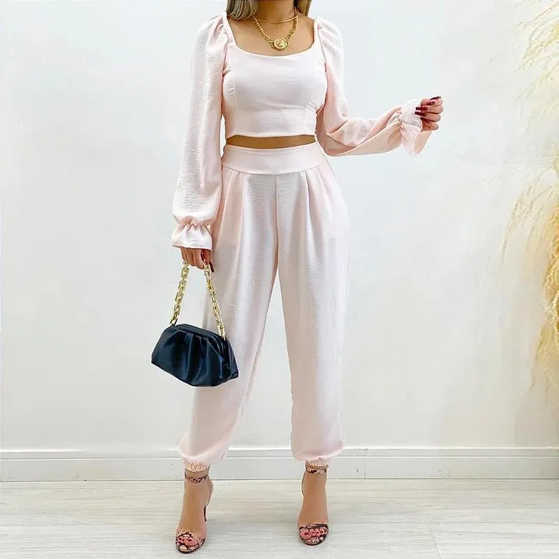 Women's Two Piece Pants Wepbel High Waist Long Sleeve Shirt Ankle-Tied Trousers Square Collar Blouses Tops Women Solid Color