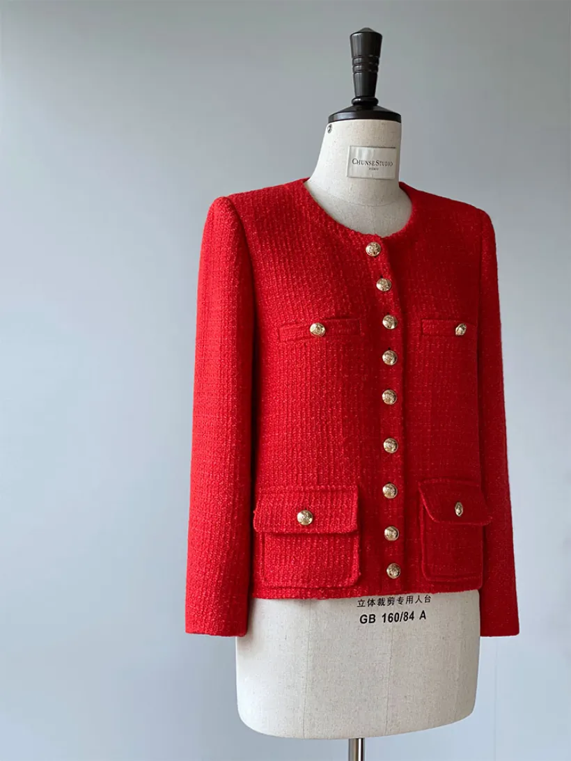 Sprężyna czerwona panele stałe tweedowa kurtka z długim rękawem okrągła szyja podwójne kieszenie na pojedynczą kurtki z pojedynczym kurtkami Krótka warstwowa przestrzeń A2N246386