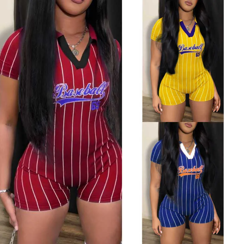 Sommer Frauen Kleidung Neue Baseball Frauen Schlank Overalls Sportswear Buchstaben Gedruckt V-ausschnitt Vertikale Streifen Body