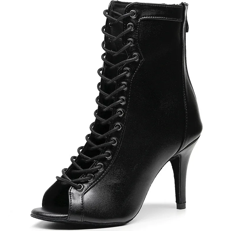 Dansschoenen Dames Zwart Bruin Latin Jazz Dansschoenen Open Teen Hoge Hak Stiletto Bootie Meisjes Slanke Hak 8,5 cm/10 cm Veterschoenen Danslaarzen 231101