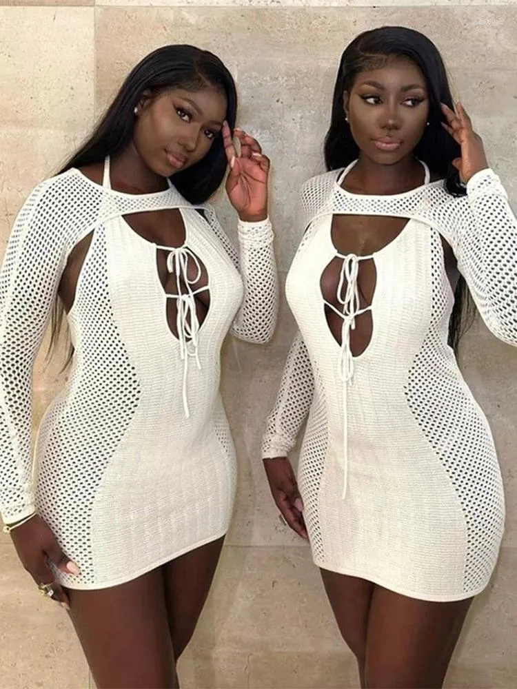 Casual Dresses Women 2023 Autumn Winter Long Sleeve Knitted Party Short Club Streetwear White Mini Dress Wholesale Items For Business