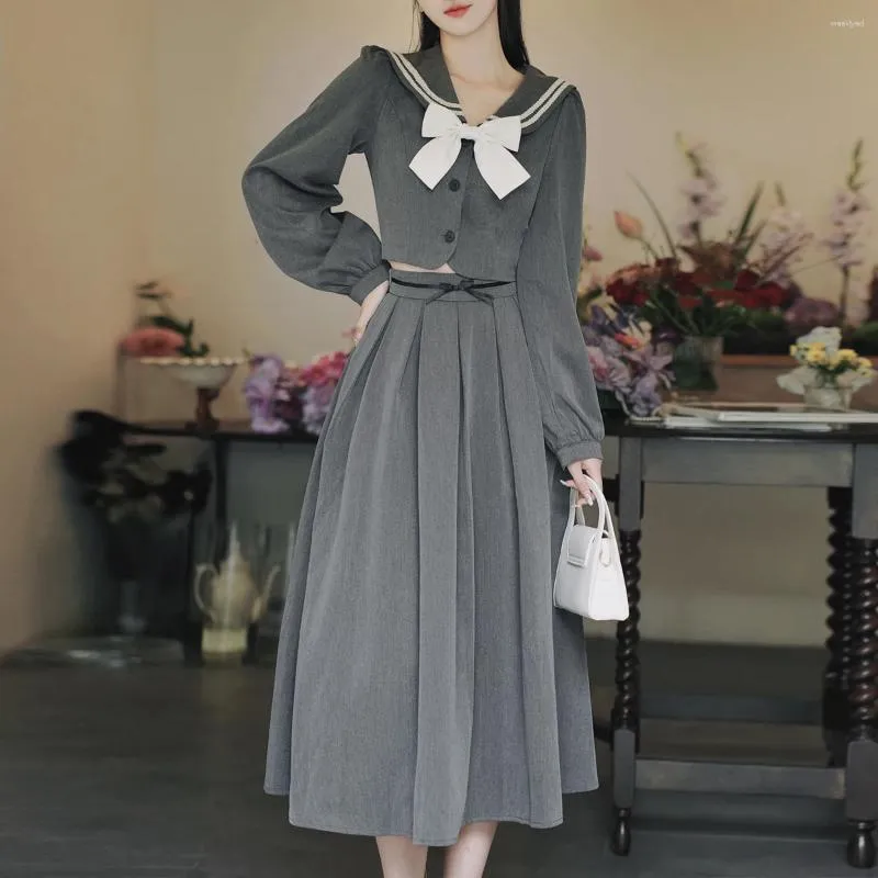 Dwuczęściowa sukienka jesienna garnitur Kobiet Kobiety Elegancki koreański styl preppy moda krótka płaszcza Zestaw Długi Casual College 2-częściowy zestaw