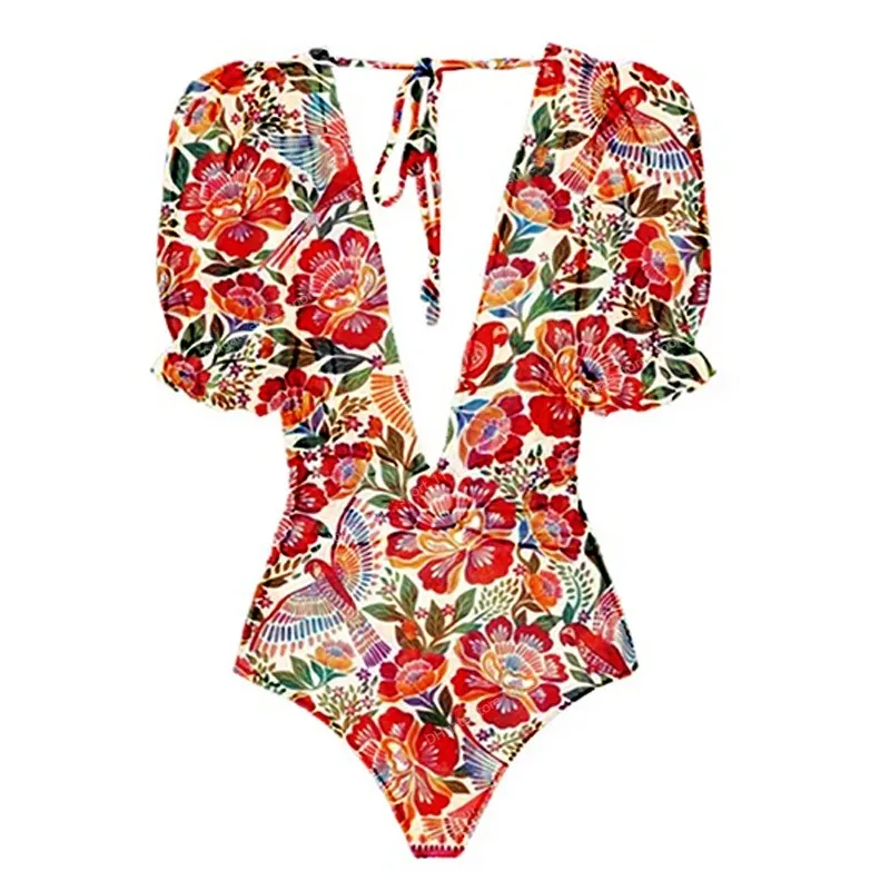 2023 neue Mode-Frauen-Badeanzug, Retro-Druck, tiefer V-Ausschnitt, wunderschöner roter und einteiliger Anzug mit Badebekleidung, Sommer-Strand-Wear-Schwimmen, einteilige Anzüge, Autotelefone