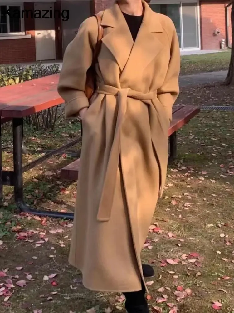 Wełniana mieszanka kobiet elegancka długa wełniana płaszcz z paskiem jesień zima moda