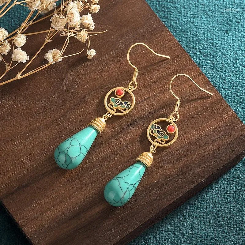 Dangle Earrings Turquoise Water Droprate Natural Gemstones Jewelry Careved Amulets Fashion Women Luxury Stone Charm 925 Silver Jade