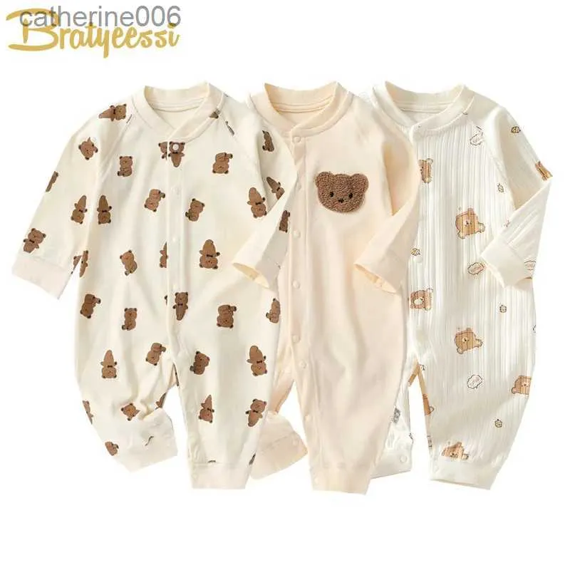 Tulum Muslin Yenidoğan Tulum Karikatür Ayı Uzun Kollu Kız Erkek Kızlar İçin Bebek Sürüler Sonbahar Giysileri Bebek Kıyafet Toddler Onesie 0-18ml231101