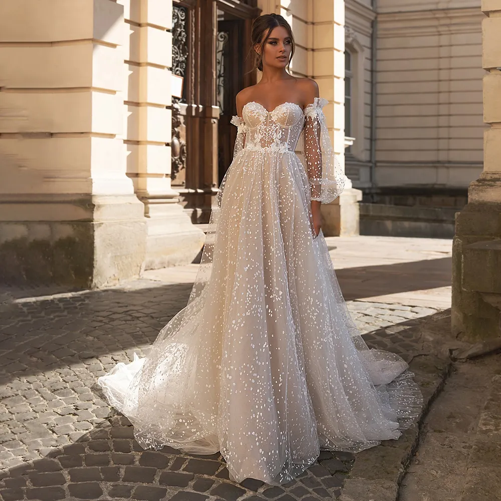 Elegant Off The Shoulder Wedding Gown With Detachable Sleeves: A