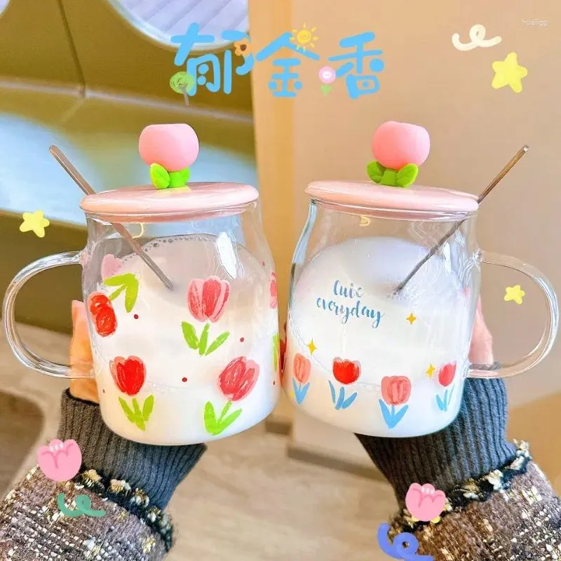 Wine Glasses Cartoon Tulip Glass Water Cup Home Office Drinking With Spoon Lid Large Capacity Coffee Milk Juice Girl Gift