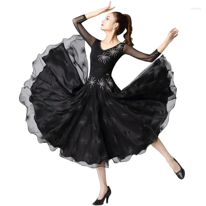 ارتداء المسرح 2023 قاعة الرقص فستان أسود زينة للرقص المنافسة النساء الفالس تانغو فساتين