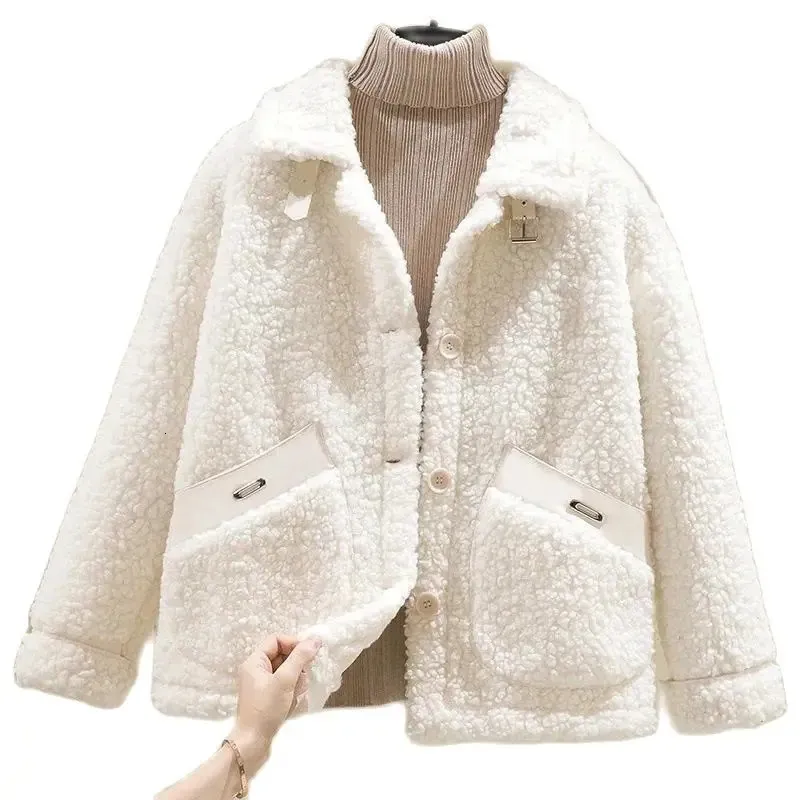 Women's Jackets Thick Lamb Wool Coat Women Jacket Winter Single Breasted Loose Grain Velvet Pocket Fur All-in-one Short Cardigan Female 231101