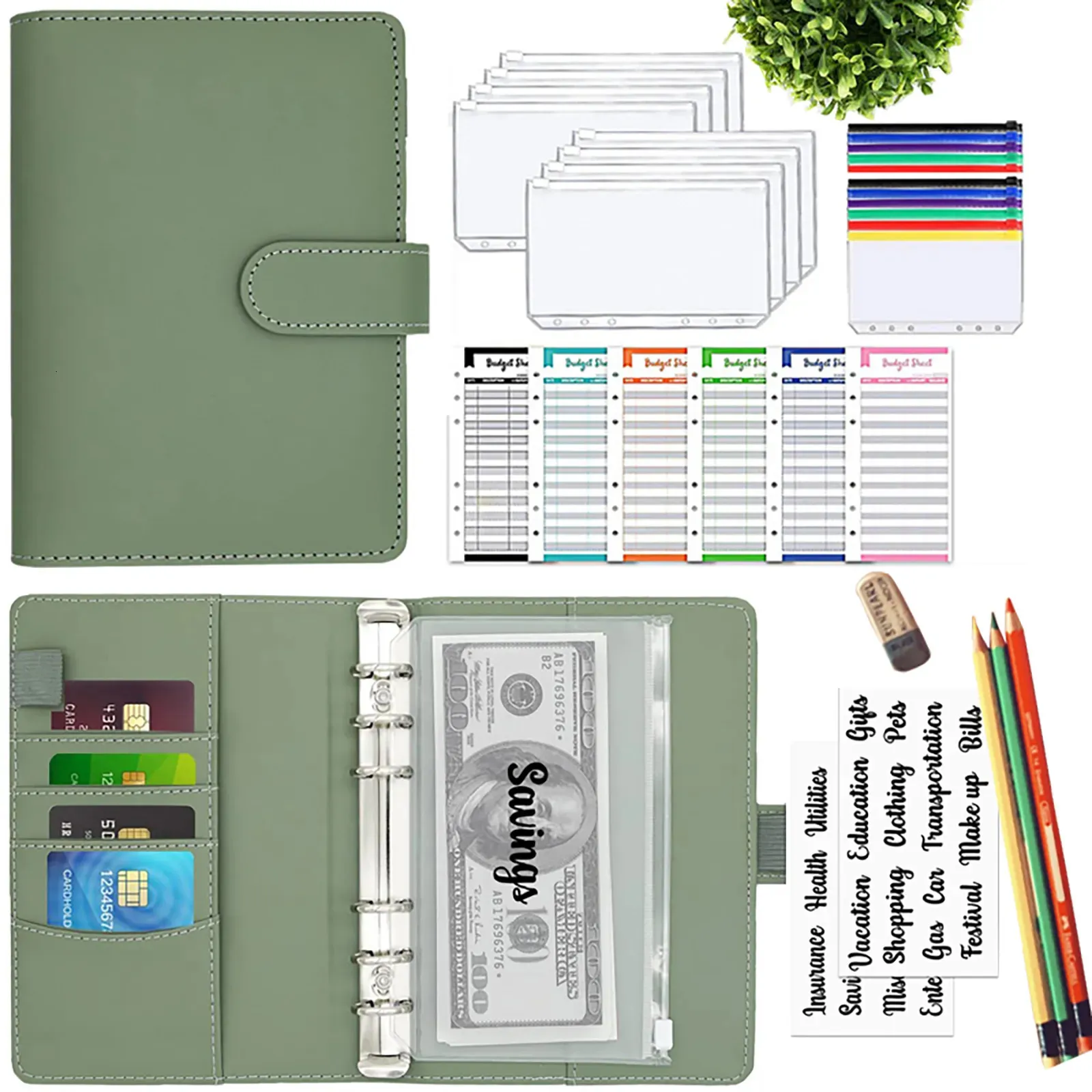 Bloc-notes 2023 Budget Binder A6 PU Cuir Notebook Cash Enveloppes Système Set Clip sur les poches pour économiser de l'argent Bill Organisateur Cadeaux 231101