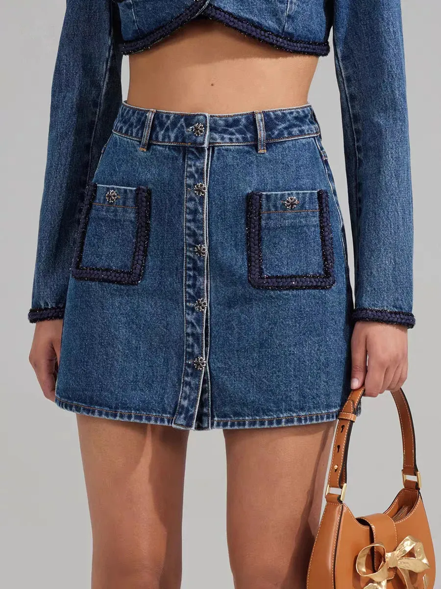 Skirt Fashion Denim Mini A Match Sweet Fold Cool High Winist Single Bamped Jupes con bolsillos de adornos tejidos 231031