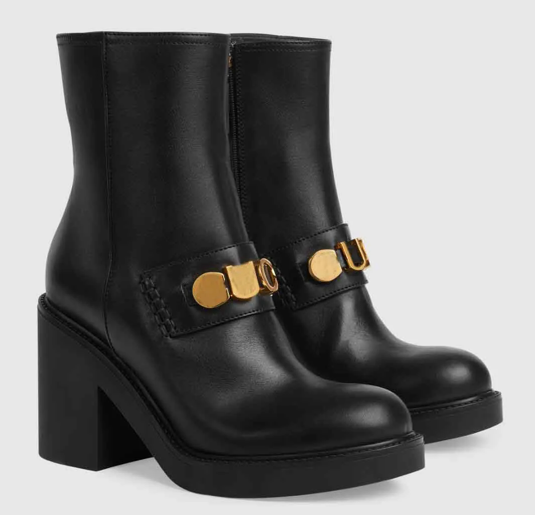 Winter Luxury Logo Strap Ankle Boots Women Black Leather Chunky Sole Booties Rubber Sole Party Dress Lady Motorcycle Boot Comfort Walking EU35 42
