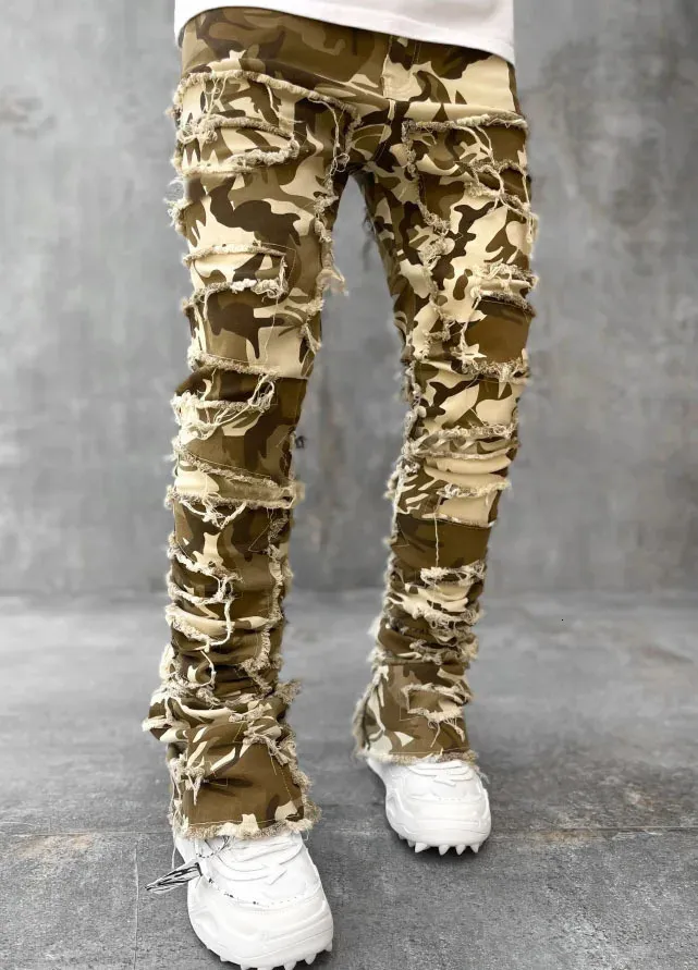 Jeans European Camo Pants Men High Street Slim Fit Stretch Patched Denim Ripped Male S Stacked 231031