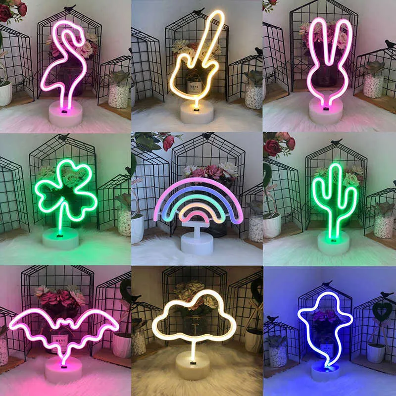 Nocne światła Neon znaki Neonowe światła do dekoracji ściennej USB lub bateria LED Znaki LED do sypialni salon Flamingo Pine Rainbow P230331