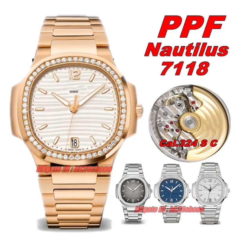 Montres d'usine PPF 35,2 mm 7118 / 1200R-001 Nautilus Cal.324 S Montre automatique pour femme Lunette en diamant Cadran blanc Bracelet en or rose Montres-bracelets pour dames