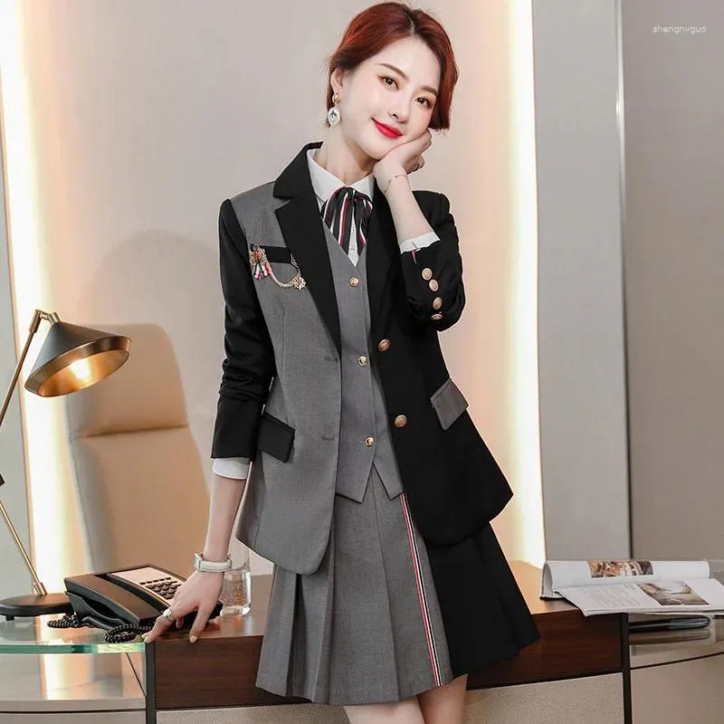 Two Piece Dress Fashion Grey Blazer Women Business Suits 2 Skirt And Jacket Sets Office Ladies Work Uniform OL Style