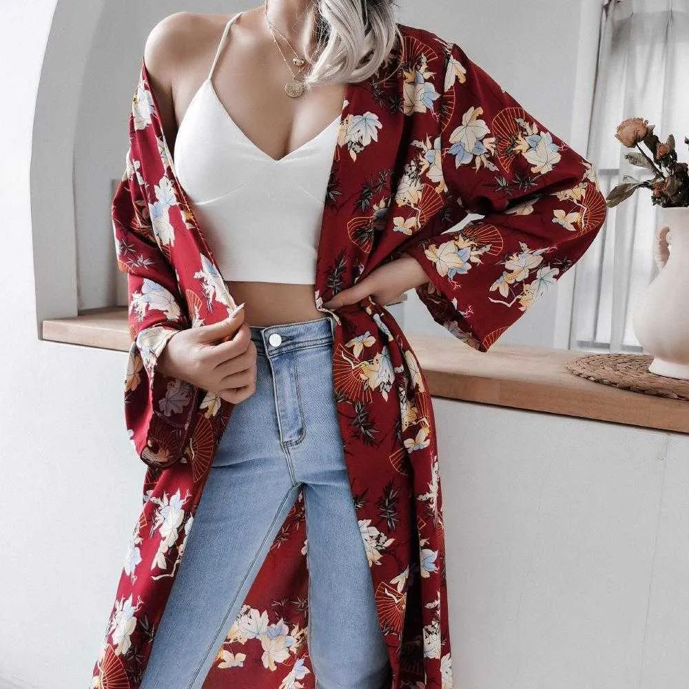 Ins estilo sino manga floral maiô casual chiffon proteção solar camisa praia