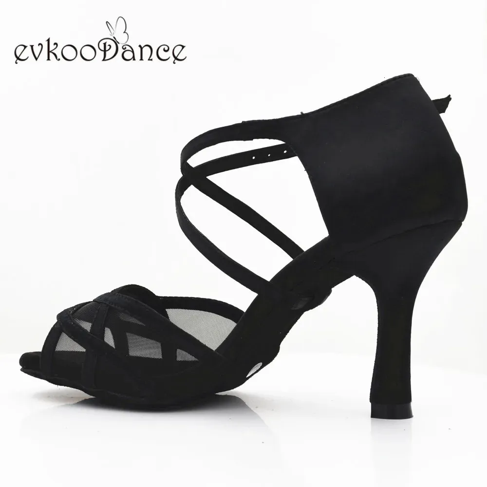 Dance Shoes Evkoodance 8.3 cm Heel Height Comfortable Black Satin With Mesh Zapatos De Baile Latin Shoes For Women Evkoo-526 231101