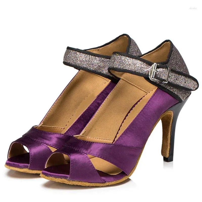 Sapatos de vestido atrair mulheres dança latina roxo casamento banquete salão salsa peep toe