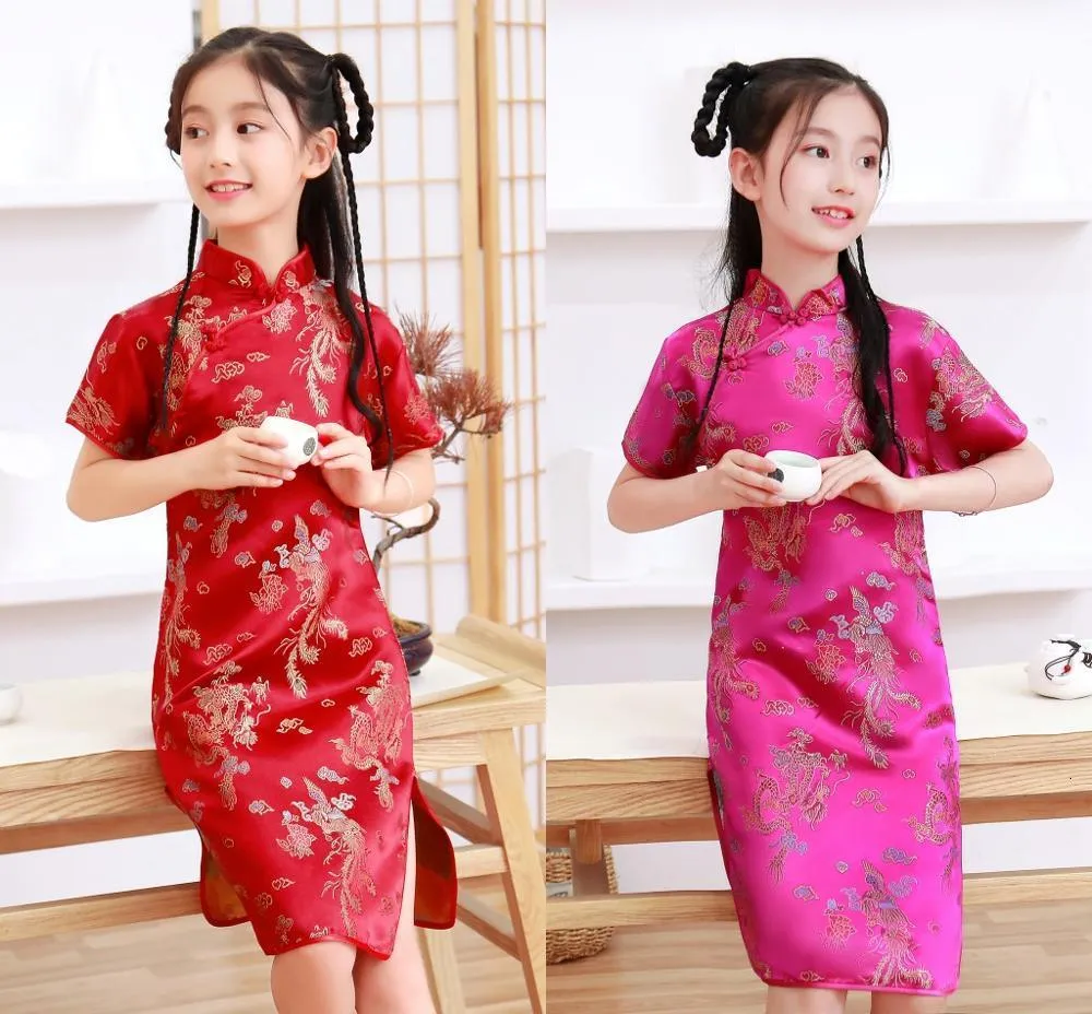 Casual Dresses Lovely Girls Silky Satin Cheongsam Söt prinsessa Kids Party Ball Gown Year Clothing 230331