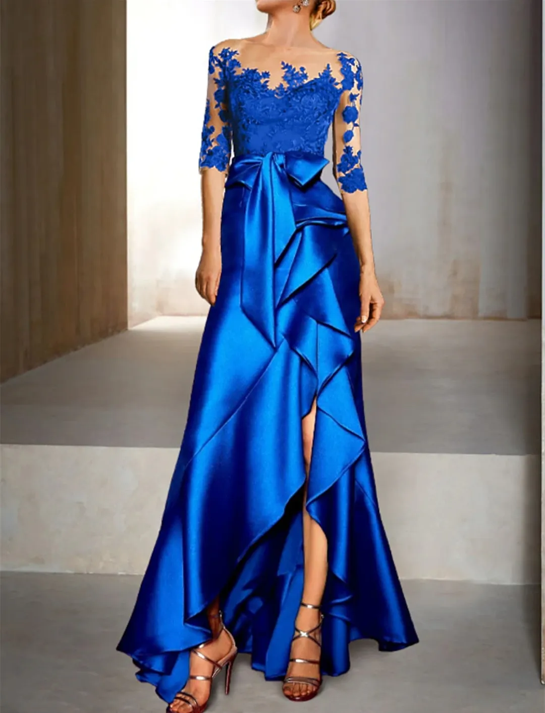 【ふるさと割】 Satin Blue Gown Lace And Ruffles With Mother Wedding For フラメンコ