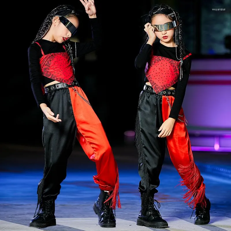 Stage Wear Children's Jazz Dance Costumes Red Loose Outfits for Girls Hip Hop Rave Rave Cleren Street Performance DN10489