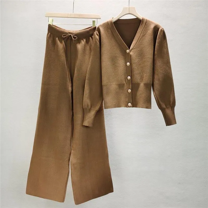 Zweiteiliges Kleid 2023 Herbst Frauen Elegantes Set Langarm Pullover Crop Top Kurze Jacke Mantel Breites Bein Hosenanzug Weibliche Casual Outfits