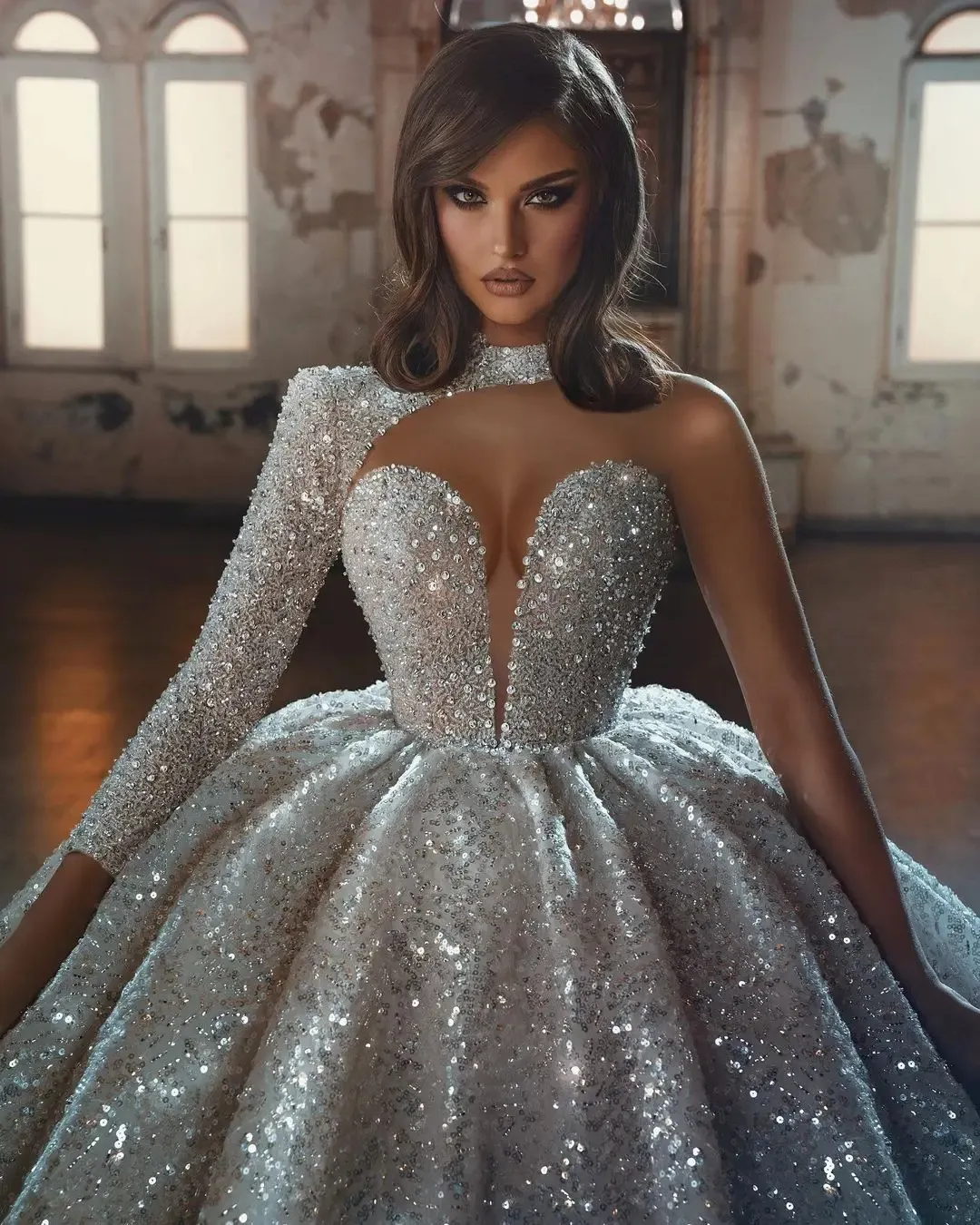 2024 vestido de casamento de lantejoulas de luxo glitter princesa miçangas strass ilusão faísca lantejoulas um ombro vestidos de noiva árabe dubai vestido de novia