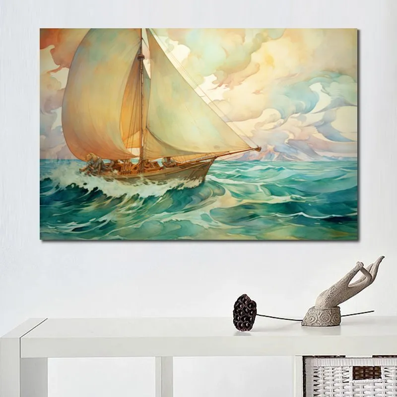 Canvas Poster Foto Bild Skriv ut trä segelbåt segla på havet inramad målning för vardagsrum väggdekor