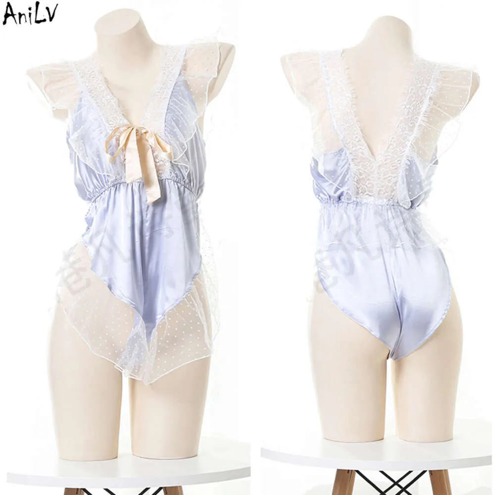 Ani – body en dentelle rétro romantique pour femmes, col en v, soyeux, Costume Pamas, peignoir de maison Sexy pour filles, uniforme de Lingerie Sukumizu Cosplay