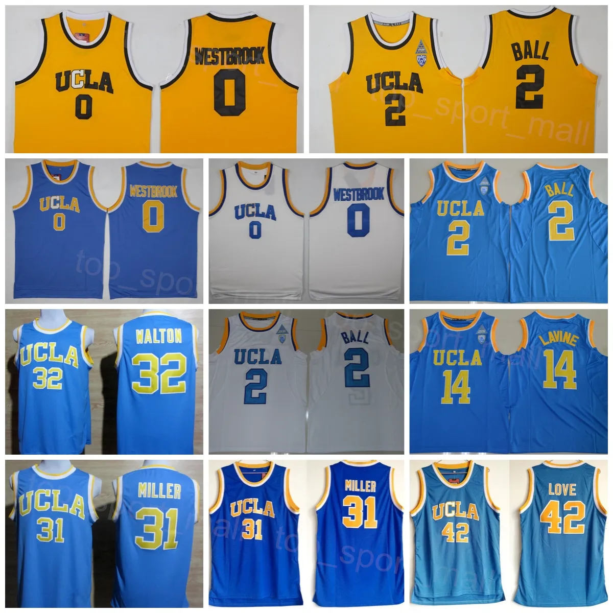 UCLA Bruins College Basketball Kevin Love Jersey 42 Reggie Miller 31 Bill Walton 32 Zach LaVine 14 Russell Westbrook 0 Lonzo Ball 2 All Stitched University NCAA