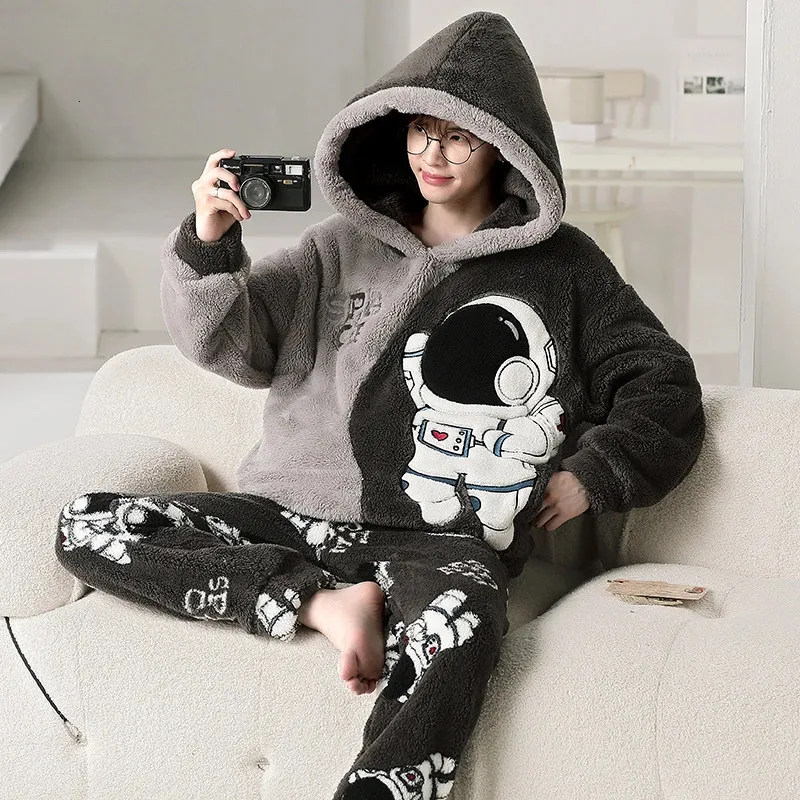 Cozy Korean Style 2 Piece Winter Pajama Set for Men Hooded Astronaut Pyjamas for Ultimate Comfort