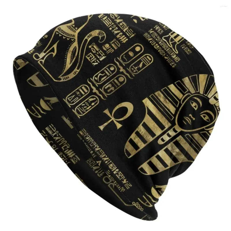 Gold On Black Egyptian Hieroglyphs And Deities Beret Stradivarius Hat