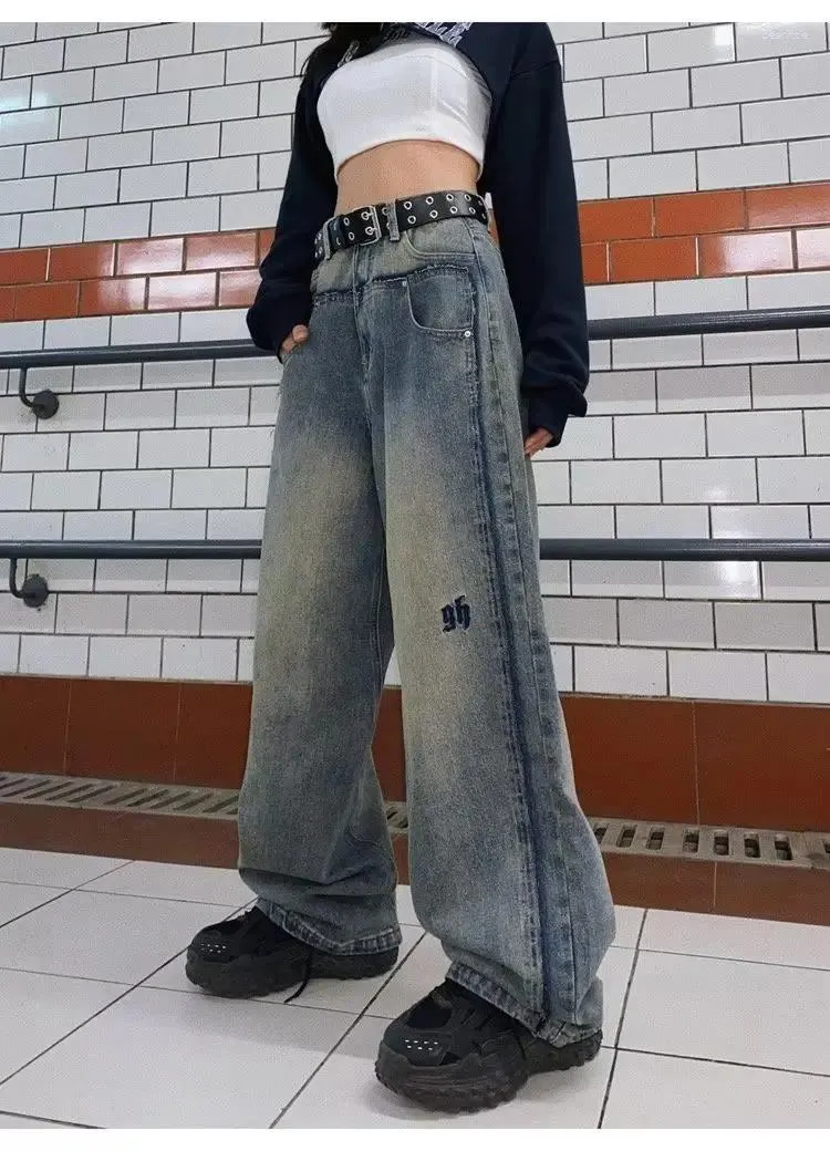 Kvinnors jeans y2k koreanska breda ben för kvinnor hip hop högsteet hög midja avslappnad löst passande retro smala raka denim byxor