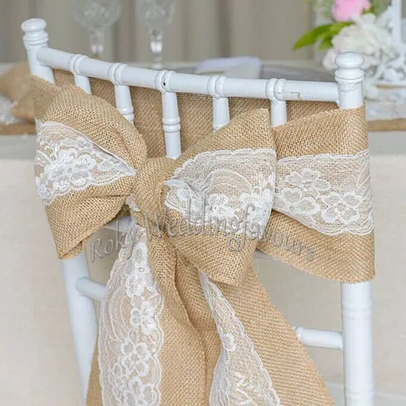 Hessische Jute Jute Stoel Sjerp Vintage Rustieke Bruiloft Thema Decor Jute Stoel Tie Bow Engagement Verjaardag Feestartikelen ZZ