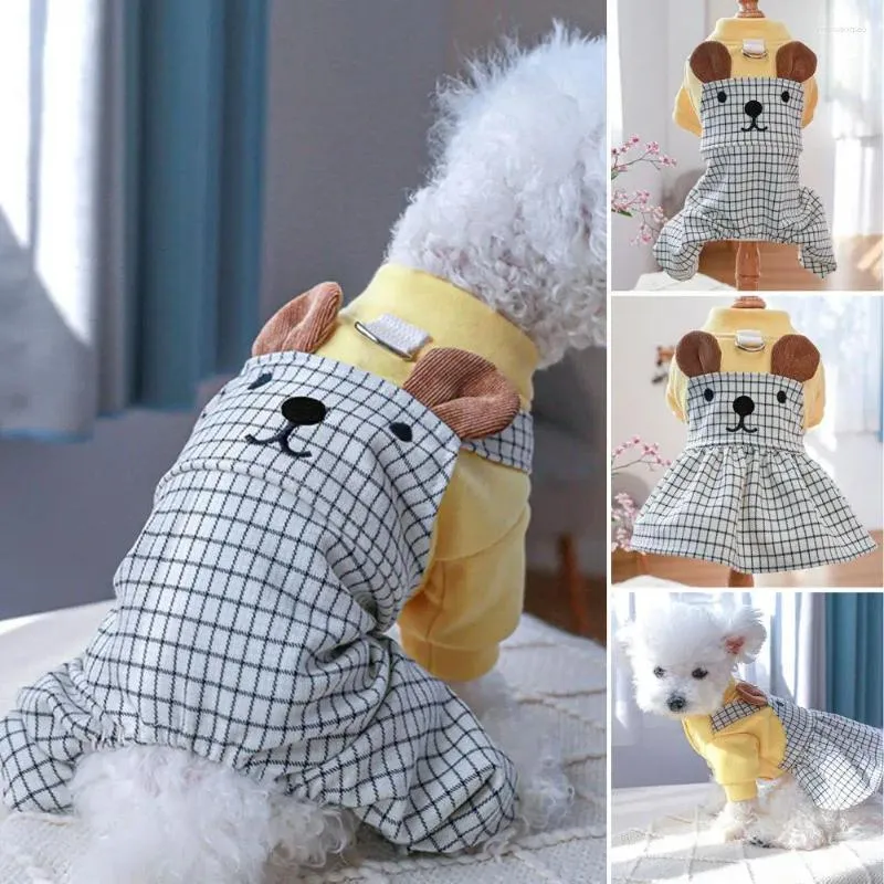 Ropa de perro encantador vestido de mascotas bodysuit redonda decorativa de dibujos animados orejas de oso decoración de gato a cuadros