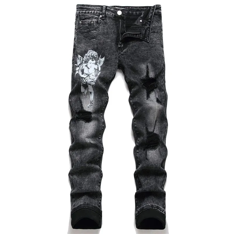 Mens Fashion Embroidered Ripped Jeans in Purple Denim