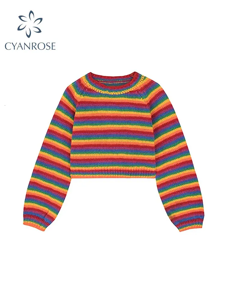 Women's Sweaters Women Colorful Striped Rainbow Knitted Sweater Autumn Winter Korean Style Casual Long Sleeve Pullover Female Crop Top 231031