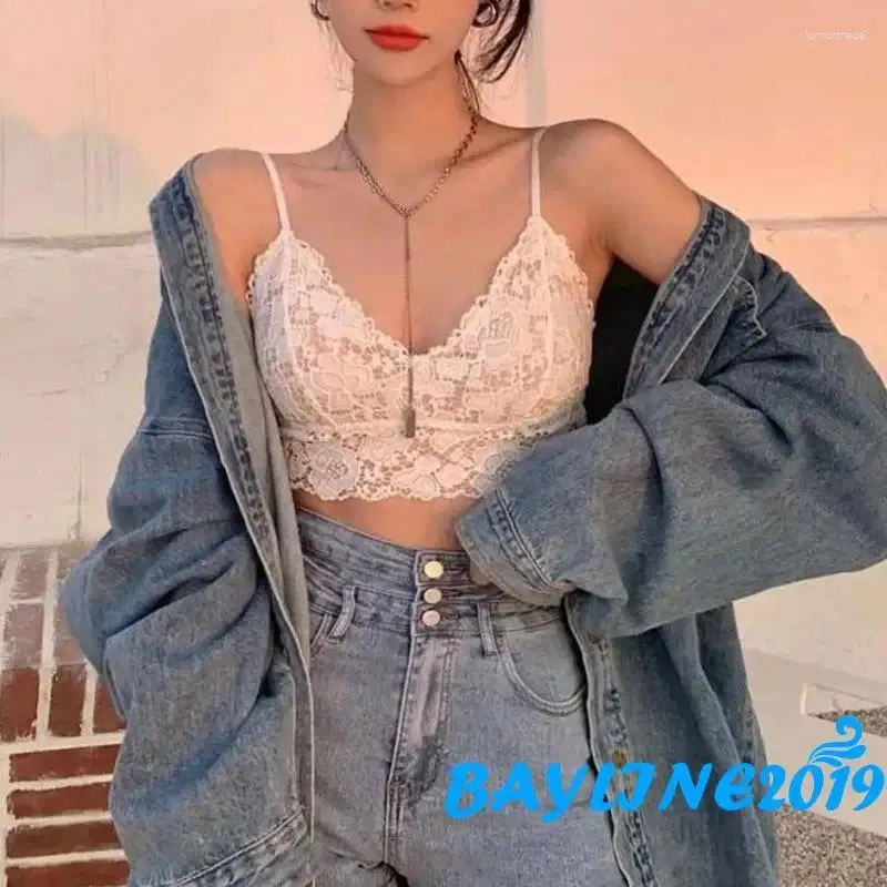 Kadın Tişörtleri Bay-Women Yastıklı Camisole Ayarlanabilir Spagetti Kayışı Çiçek Dantel Teli Taşıma Bralette Longline Sutyası