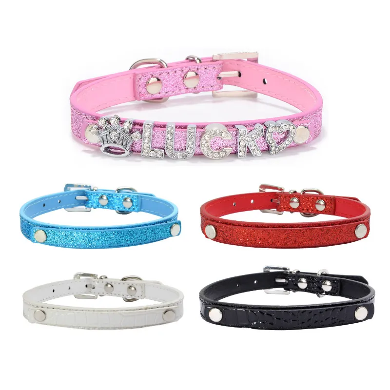 Personlig charm namn hundkrage för små medelstora stora hundar anpassade bling rhinestone läder tom hund krage katt krage 22 färg grossist husdjur tillbehör b207