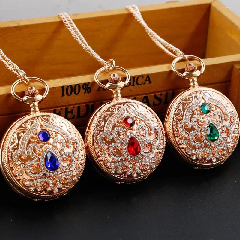 Montres de poche multi-diamants, Design rouge/bleu/vert, mouvement à Quartz, cadeau unisexe pour femmes, collier en or Rose