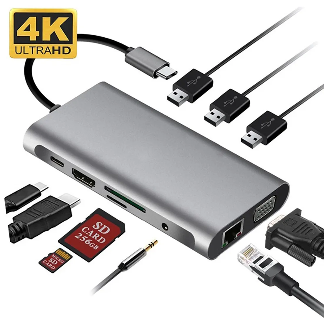 10 IN1 USBタイプCハブドッキングステーションタイプ-CからHDTV 4K VGAアダプターRJ45 LANイーサネットSD TF USB-C 3.0 Typec 3.5mmジャックオーディオビデオMacBook Pro OTG