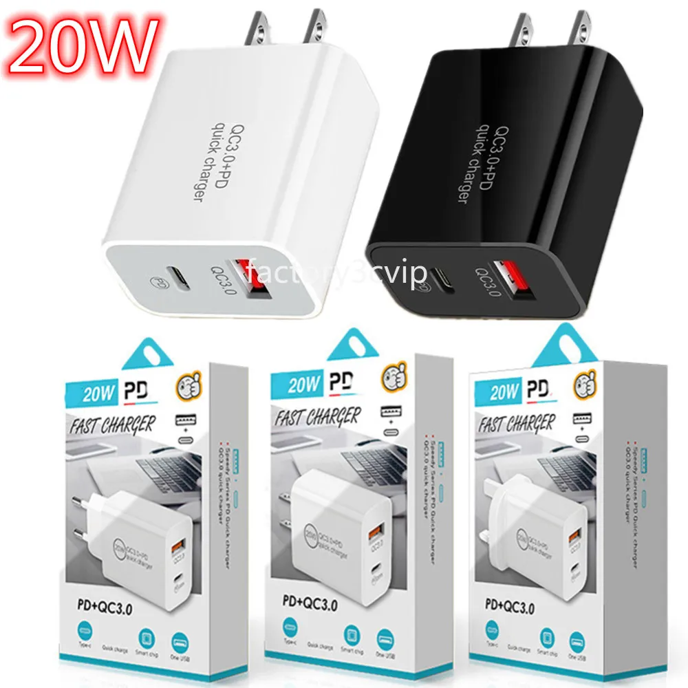 Snabbtyp C USB-C-laddare QC3.0 20W PD USB-C EU US UK Travel Wall Chargers Adapter för iPhone 11 12 13 14 Samsung F1 med detaljhandeln