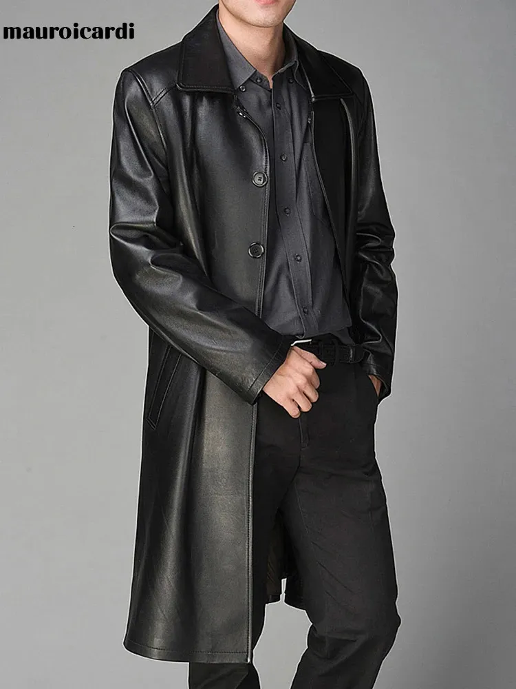 Herrläder faux Mauroicardi Autumn Long Black Trench Coat for Women Sleeve Single Breasted Luxury British Style Fashion 231031