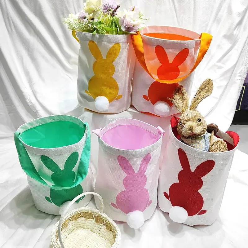 Party Gift Decoration Easter Bunny Basket Bags Cotton Linen Carrying Gift and Eggs Hunting Candy Bag Fluffy Tails Printed Rabbit Toys Bucket Tote 