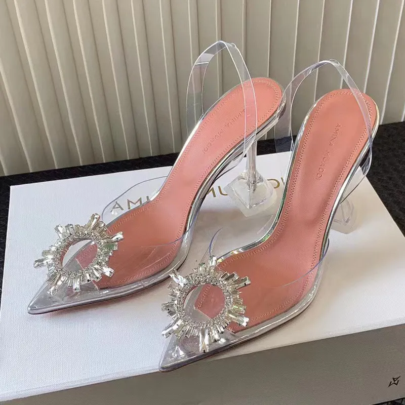 Amina Muaddi Dress Shoes Sandals Top Luxury Designer Shoes Bowknot Crystal Diamond Decoration Transparent PVC Wine Cup Heels Size 35-42 With Box